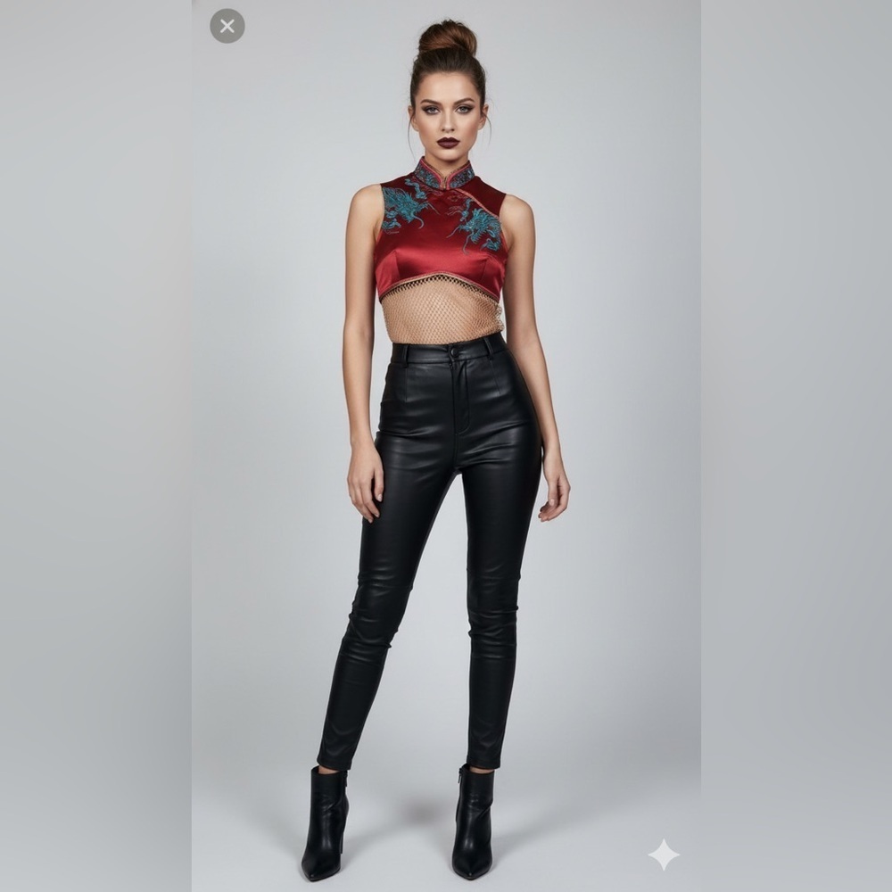 Custom made bodysuit with fishnet body and dragon embroidered crop top medium